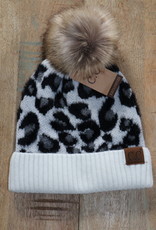 Leopard Print Knitted Beanie with Pom