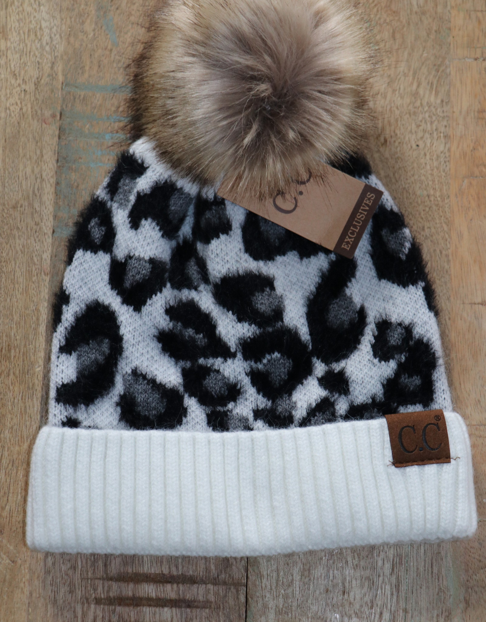 Leopard Print Knitted Beanie with Pom