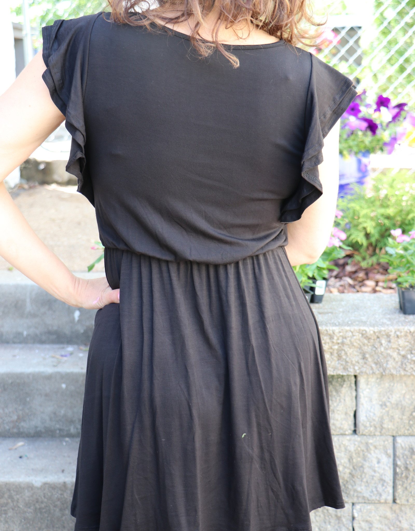Solid Elastic Waist Dress w/ ruffle sleeve