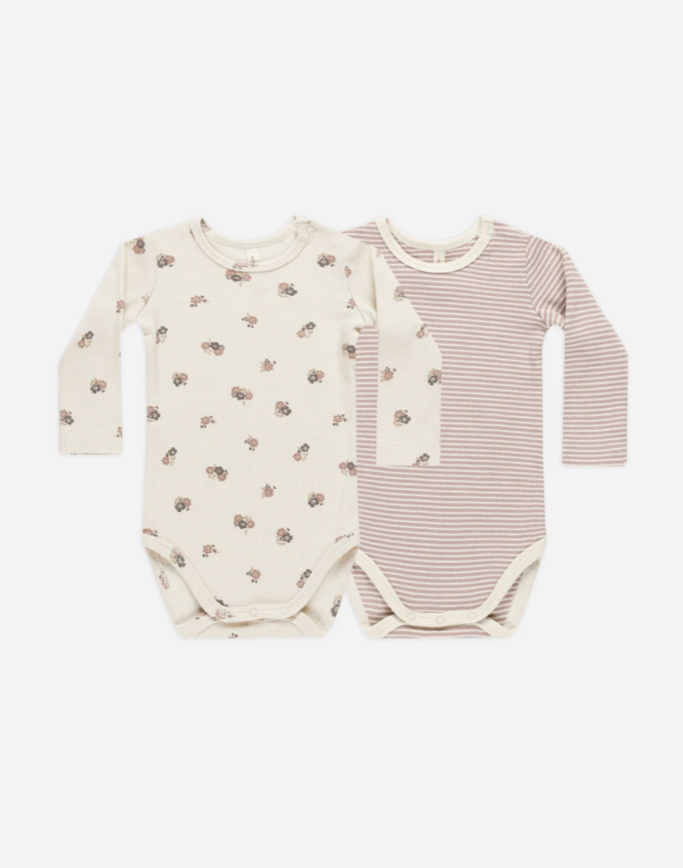 Rylee + Cru Inc. RIBBED BODYSUIT, 2 PACK || WILD FLOWERS, MAUVE STRIPE