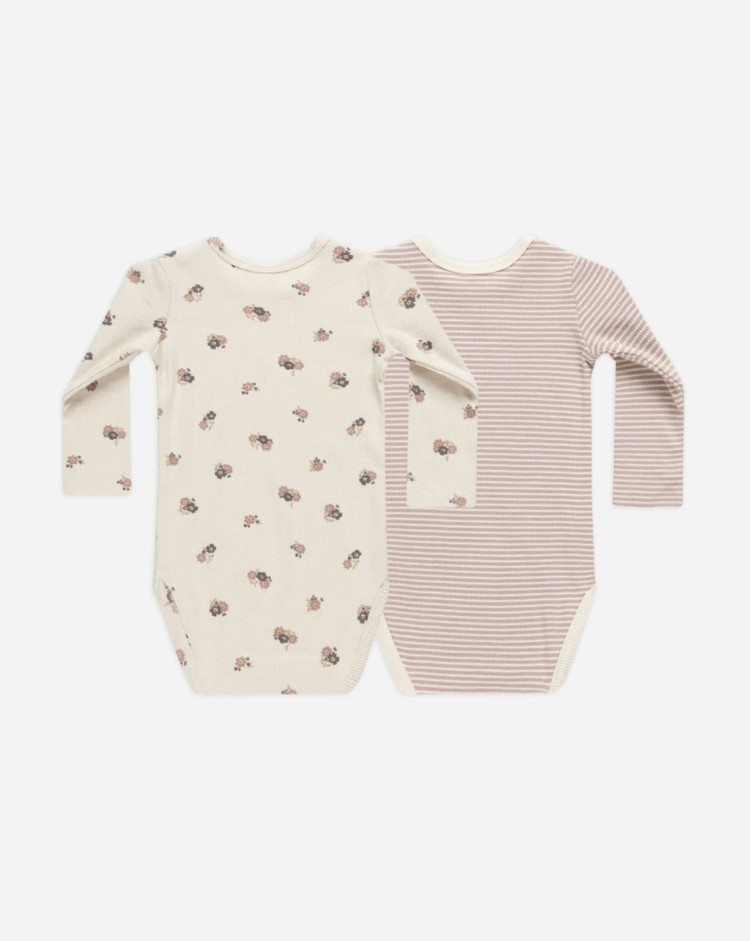 Rylee + Cru Inc. RIBBED BODYSUIT, 2 PACK || WILD FLOWERS, MAUVE STRIPE