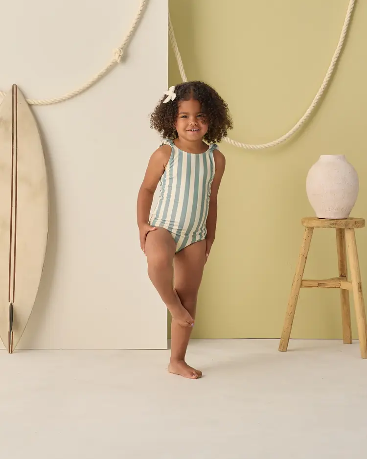 Rylee + Cru LLC SCRUNCH ONE-PIECE || GREEN STRIPE