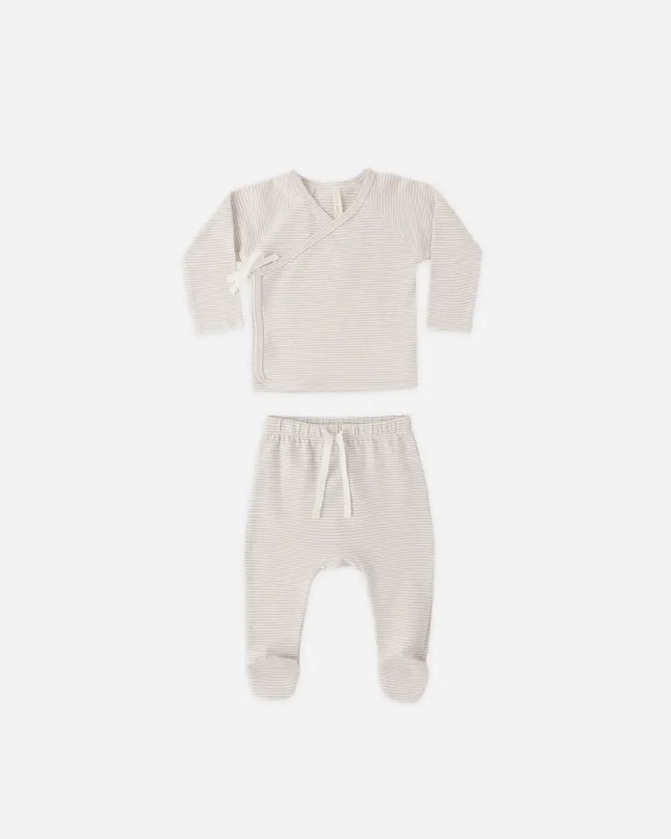 Rylee + Cru LLC WRAP TOP + FOOTED PANT SET || OAT MICRO STRIPE
