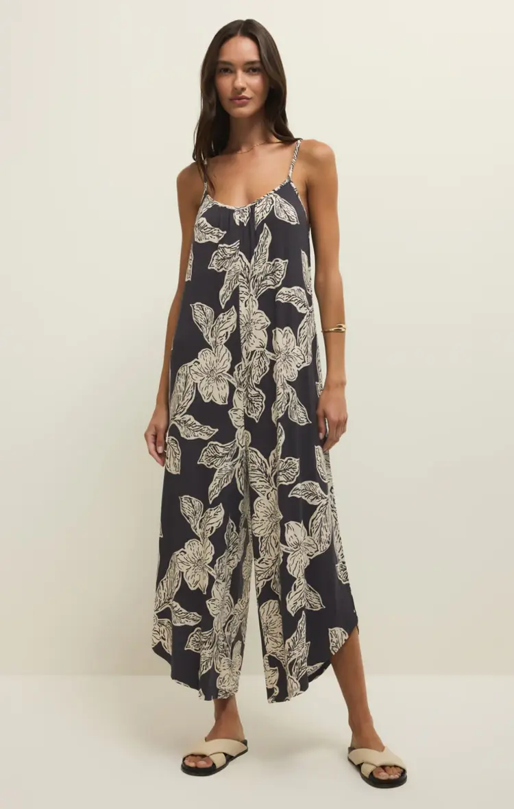 Z Supply Flared Asha Floral Jumpsuit Black Sand