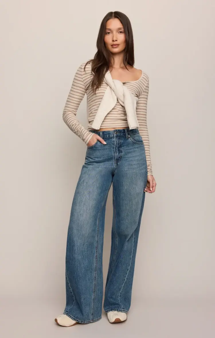 Z Supply Andie Striped Henley Top Light Oatmeal Heather