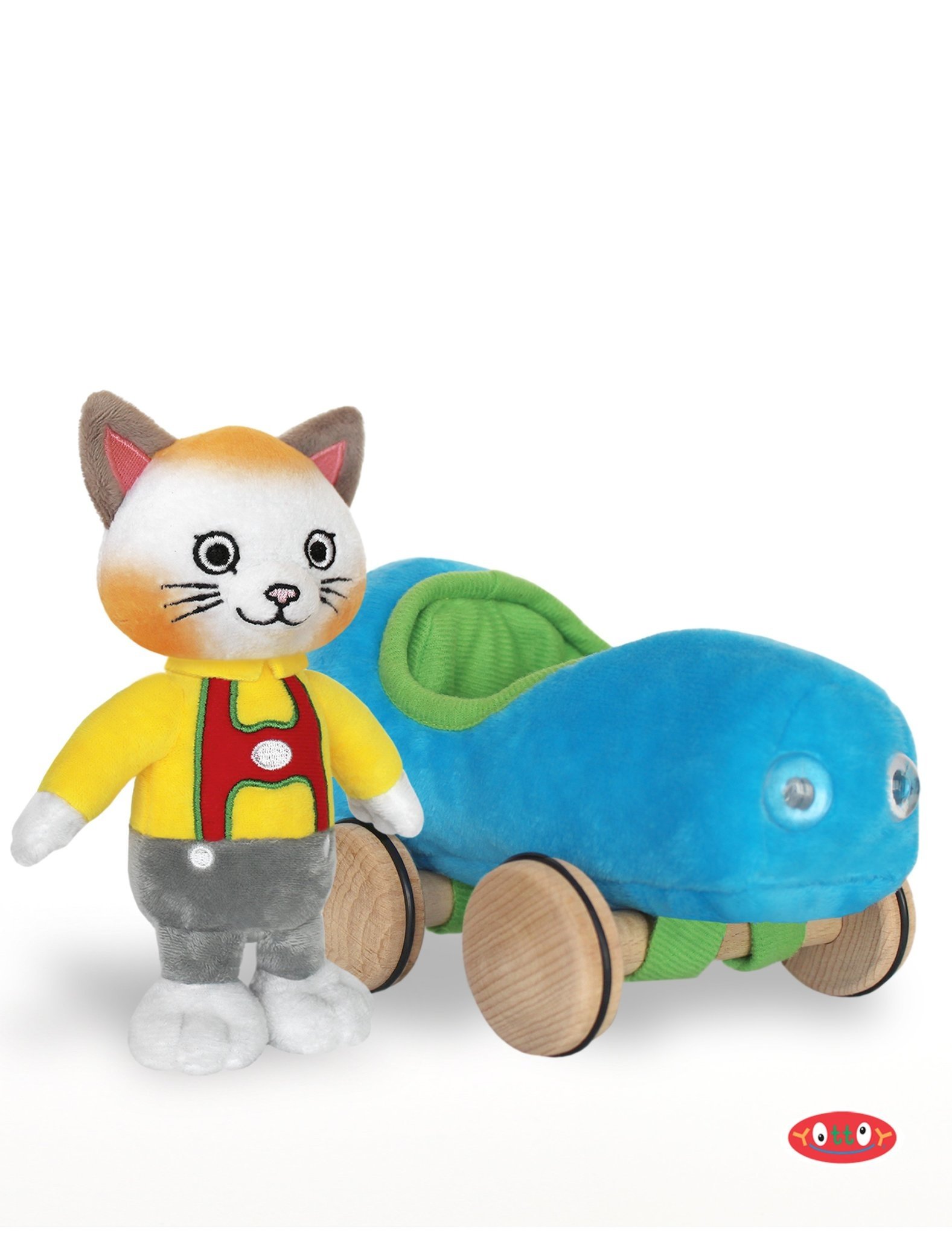 Huckle Cat Soft Toy with Blue Car