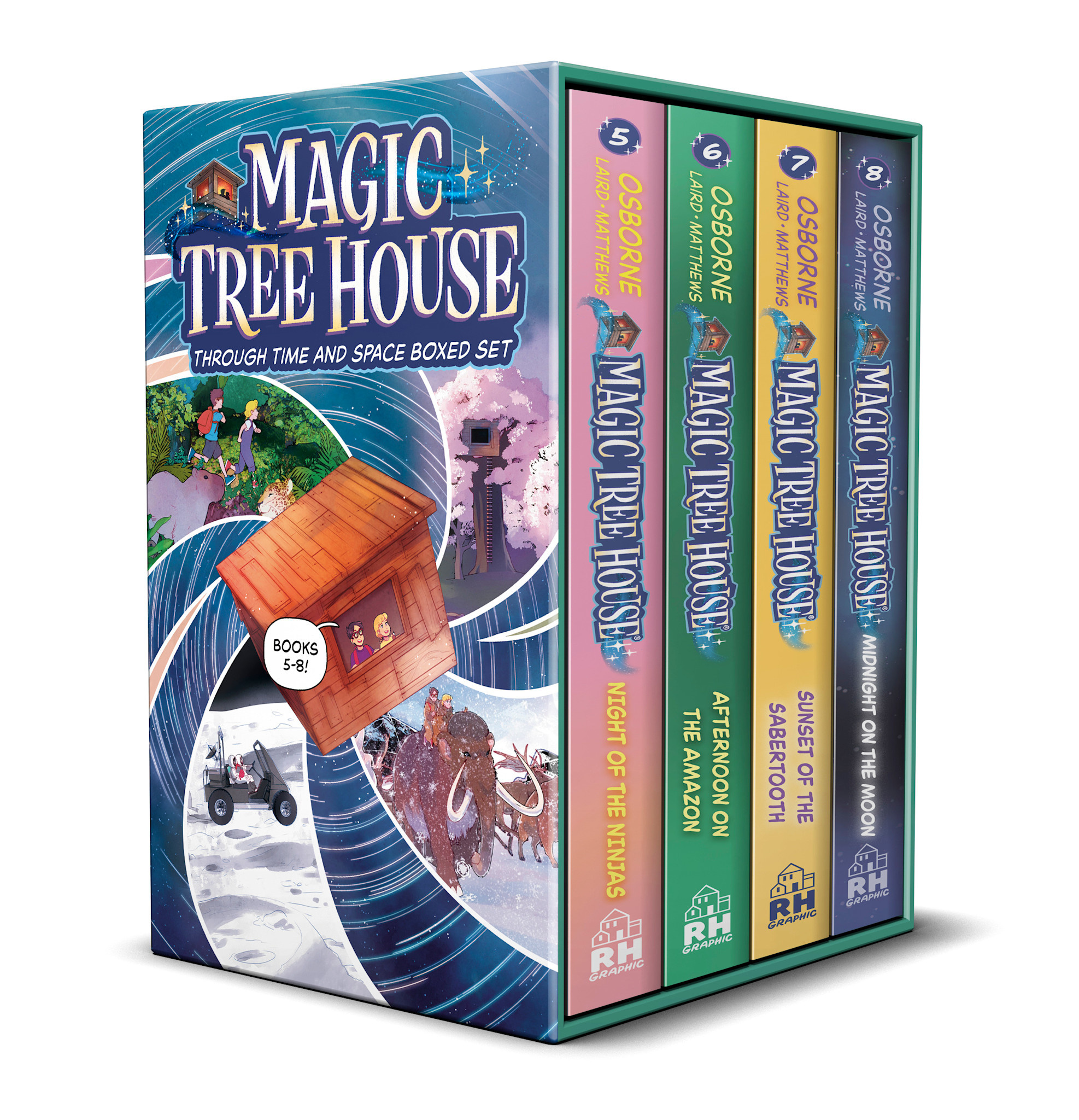 Random House Books for Young Readers Magic Tree House Through Time and Space Boxed Set: Graphic Novels 5-8: Night of the Ninjas; Afternoon on the Amazon; Sunset of the Sabertooth; Midnight on the Moon (A Graphic Novel Boxed Set)