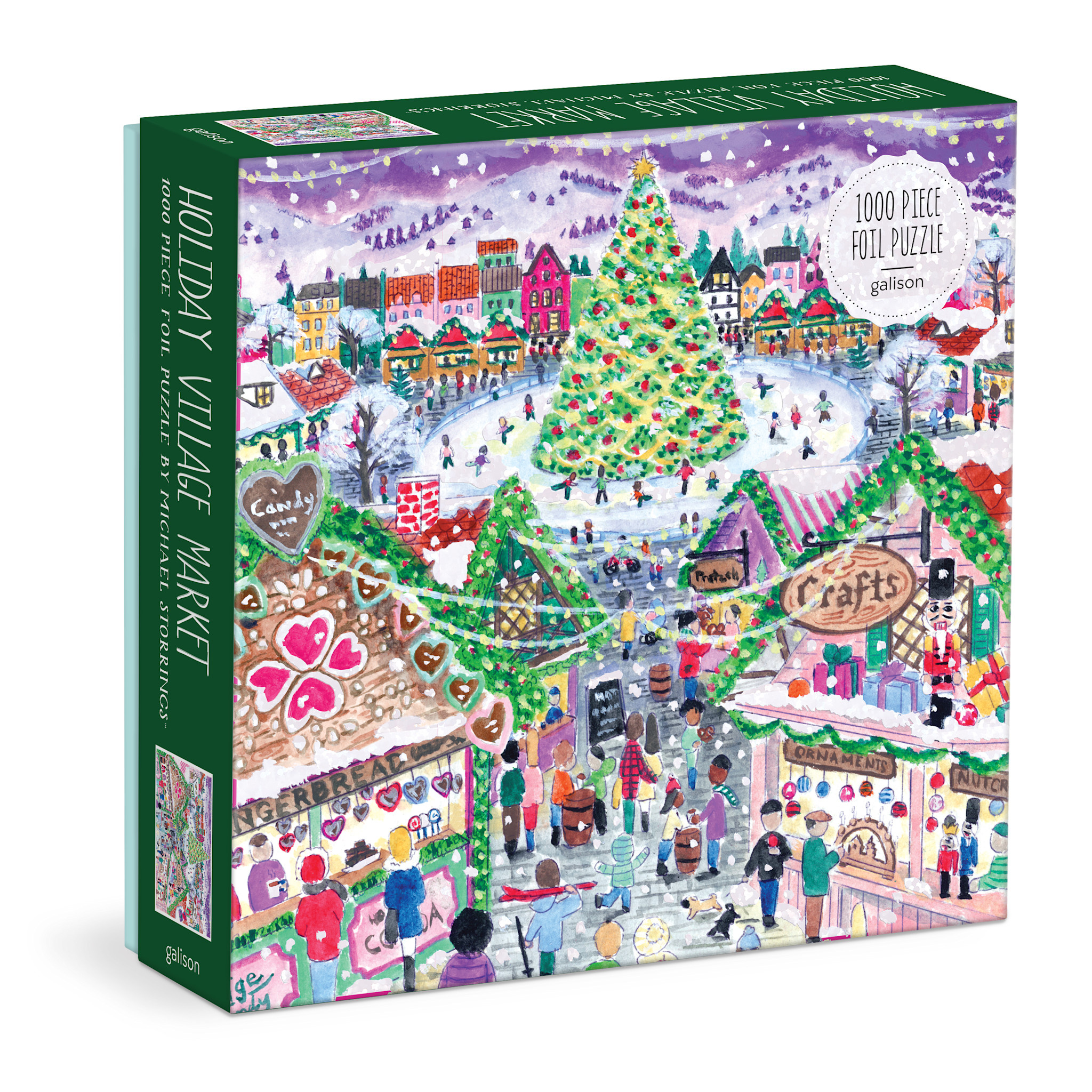 Galison Michael Storrings Holiday Village Market 1000pc Foil Puzzle in Square Box