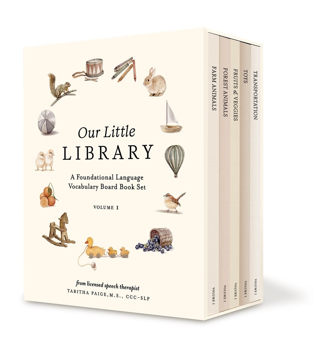 Paige Tate & Co Our Little Library: A Foundational Language Vocabulary Board Book Set for Babies, Including Farm & Forest Animals, Fruits & Veggies, Toys & More