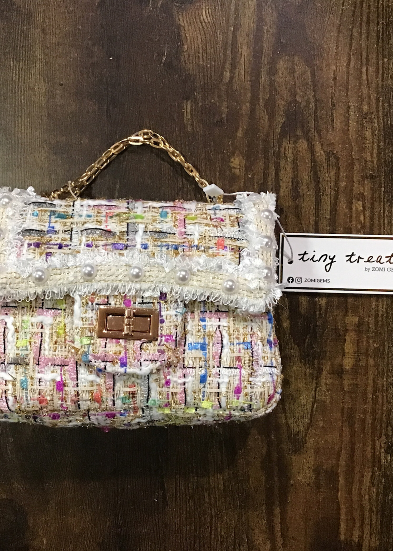 Zomi Gems Classic Tweed Pearl Handbag (White)