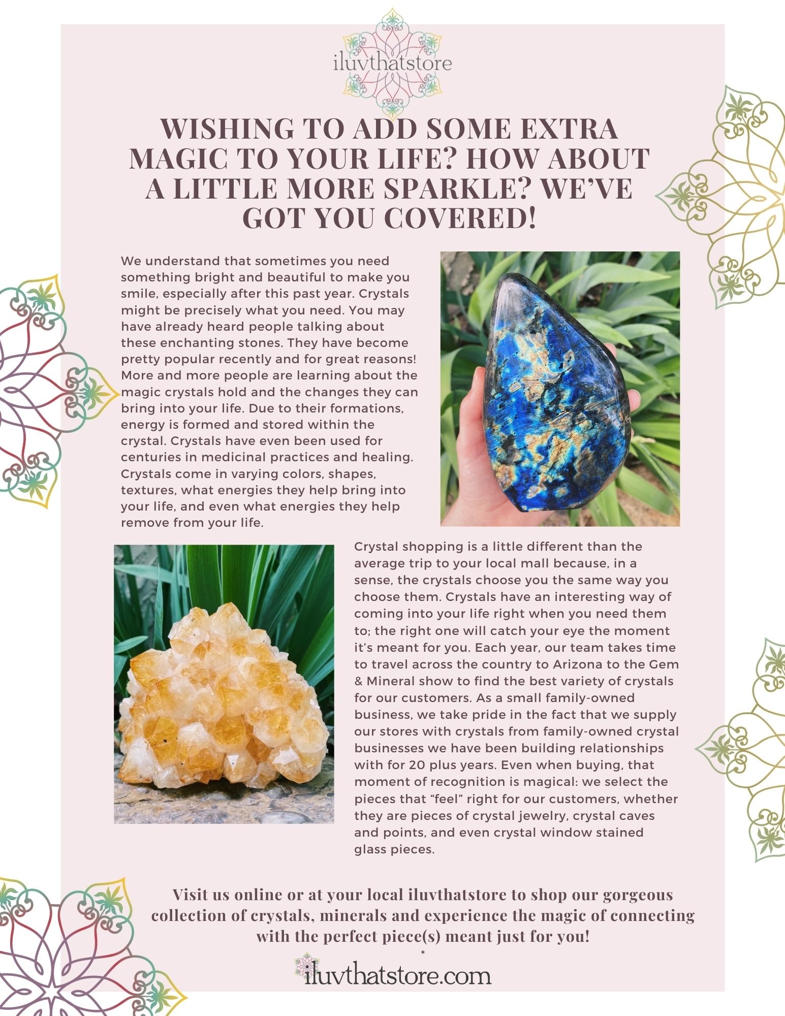 Simple pink and white minimalistic graphic with mandalas and photos of stunning citrine and labradorite crystals and gemstones. Descriptive text about our search for the perfect stones out West, and how to trust in what crystals are calling for you.