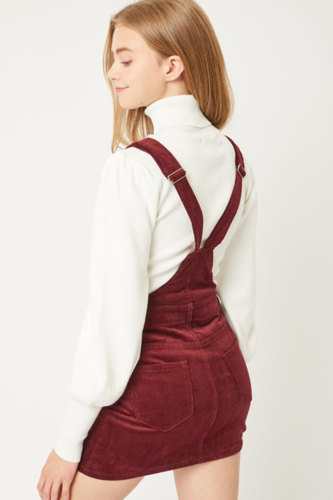 maroon corduroy overall dress