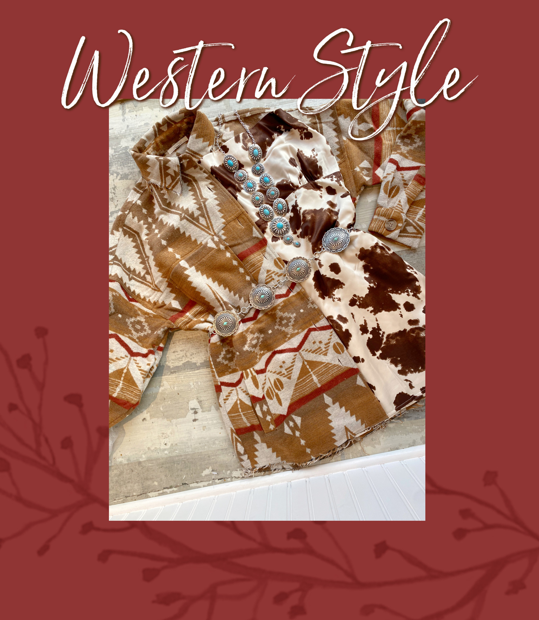 Western style encapsulates so many things. In this picture we have featured our brown and white cow print rodeo dress, a western printed tan, white, and orange shacket, and two statement turquoise jewelry pieces.