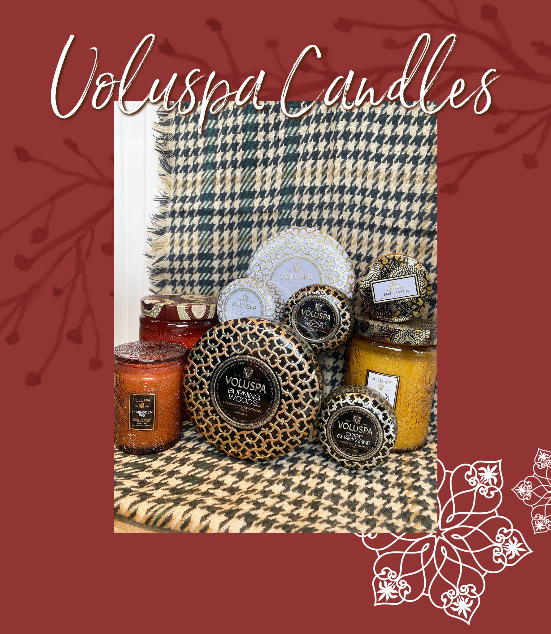 Candles are the perfect gift for the friend that seems to have it all. Pictured here are Voluspa Candles new holiday scents; plum colored 'Forbidden Fig', white colored 'Eucalyptus and White Sage' and burnt orange colored 'Baltic Amber'. 