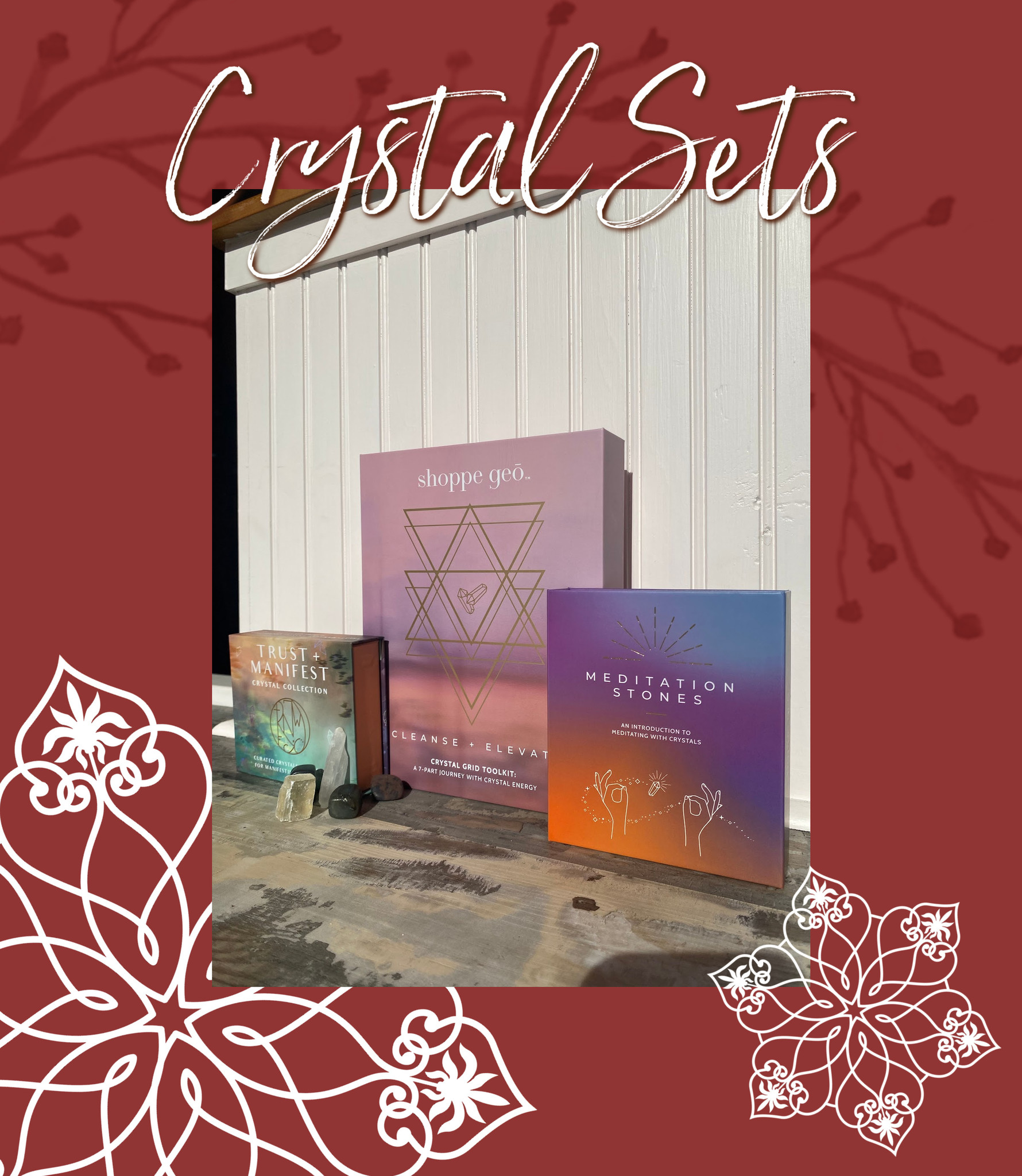 Sets of crystals make for a thoughtful and beautiful gift. Featured here are colorful sets of crystals for trust and manifestation, cleanse and elevating, and a set for mediation. Pictured is labradorite, clear quartz, and yellow quartz.  
