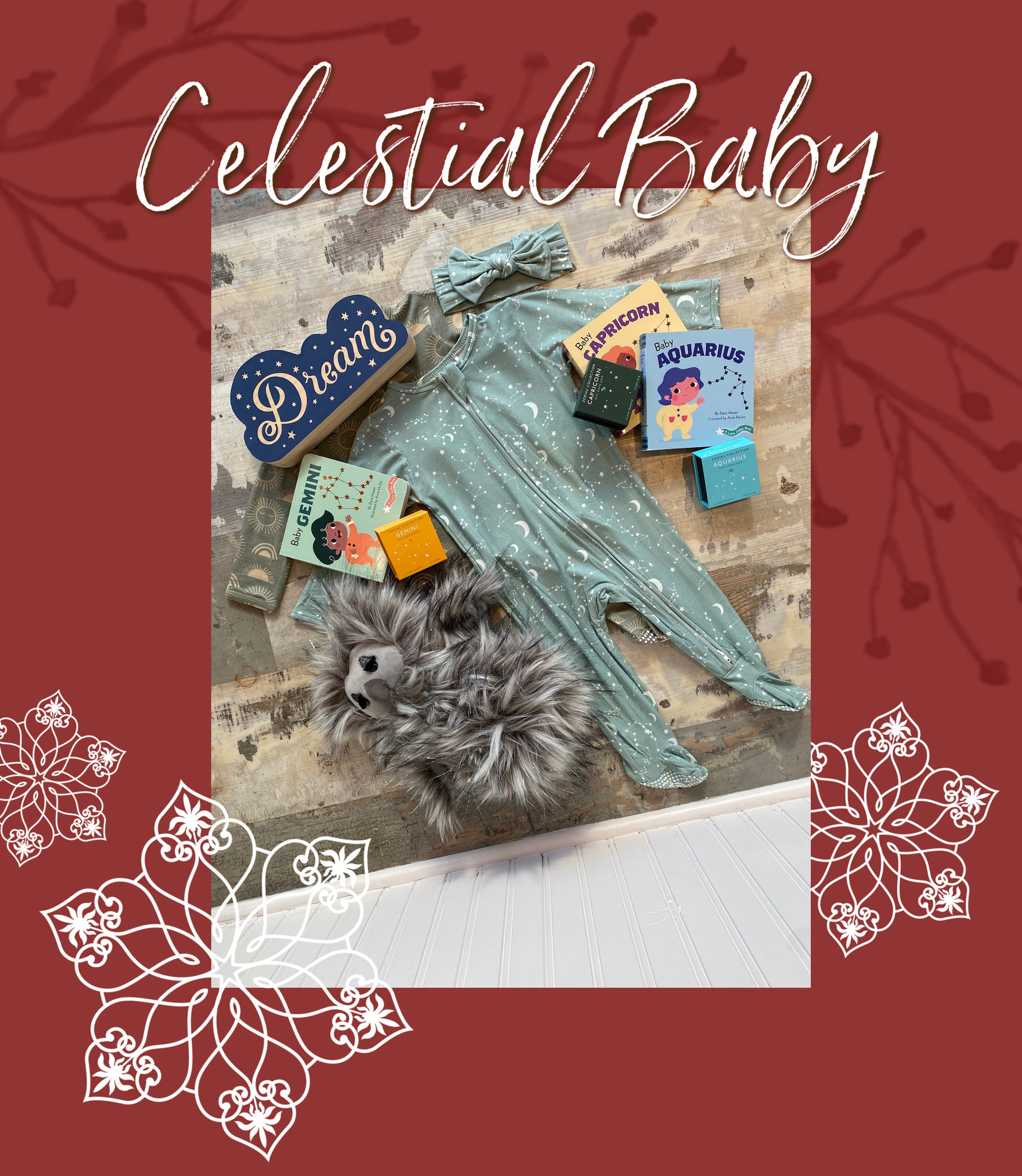 Celestial themed baby gifts are the sweetest way to show the little monsters in your life that you think they are out of this world. Pictured here is a blue moon and star onesie and head band set, zodiac story books for Capricorn, Aquarius, and Gemini babies, crystals, and a giant grey and white fully stuffed animal owl.