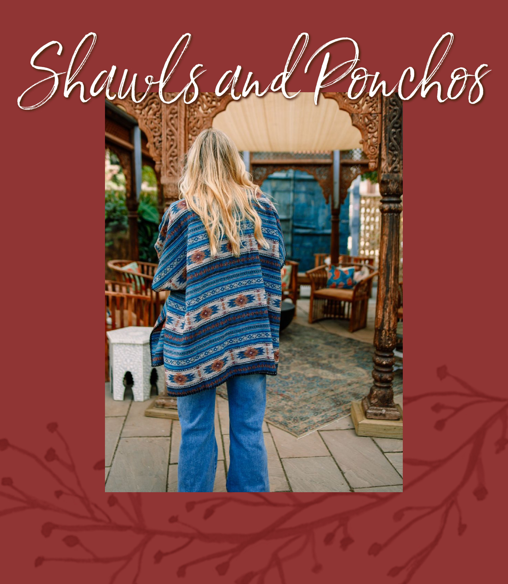 Shawls and Ponchos make for the best clothing gifts. Pictured here is a blue, tan, and orange aztec printed shawl with an embroidered edge. 