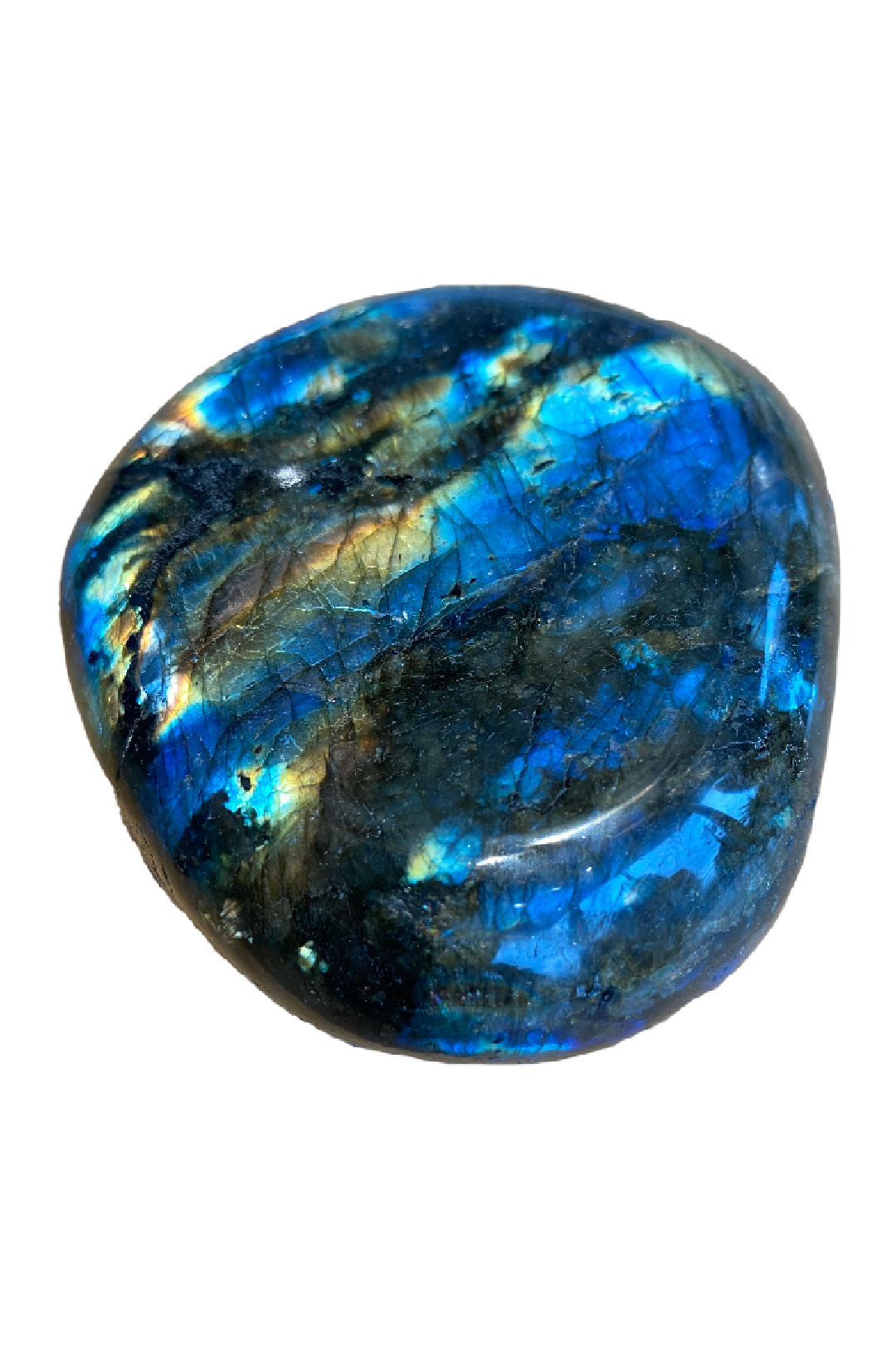 Stunning circular labradorite piece with a base grey and flashes of blue and green