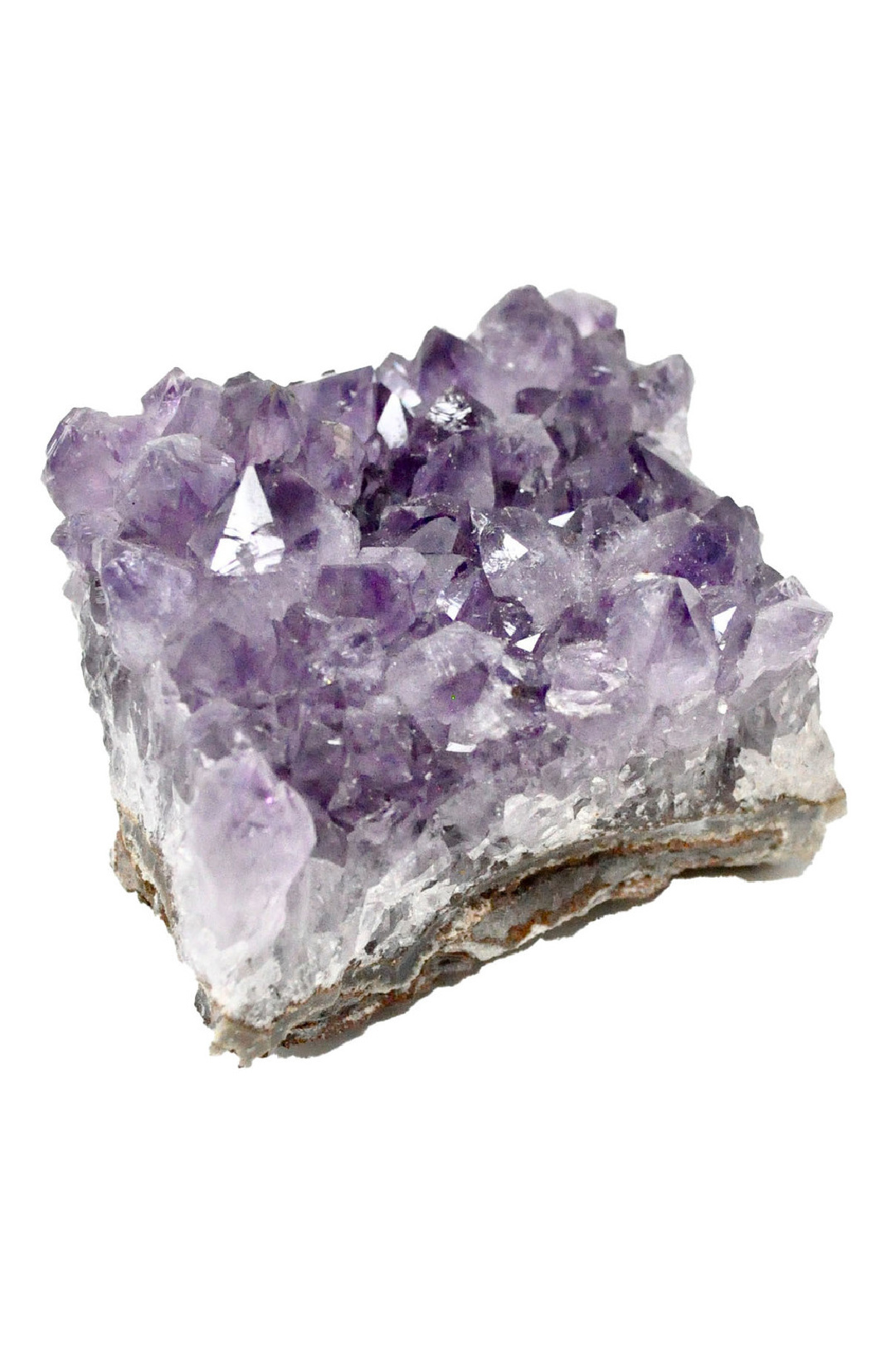 Large amethyst cluster with grey crust and lavender colored needle-like points