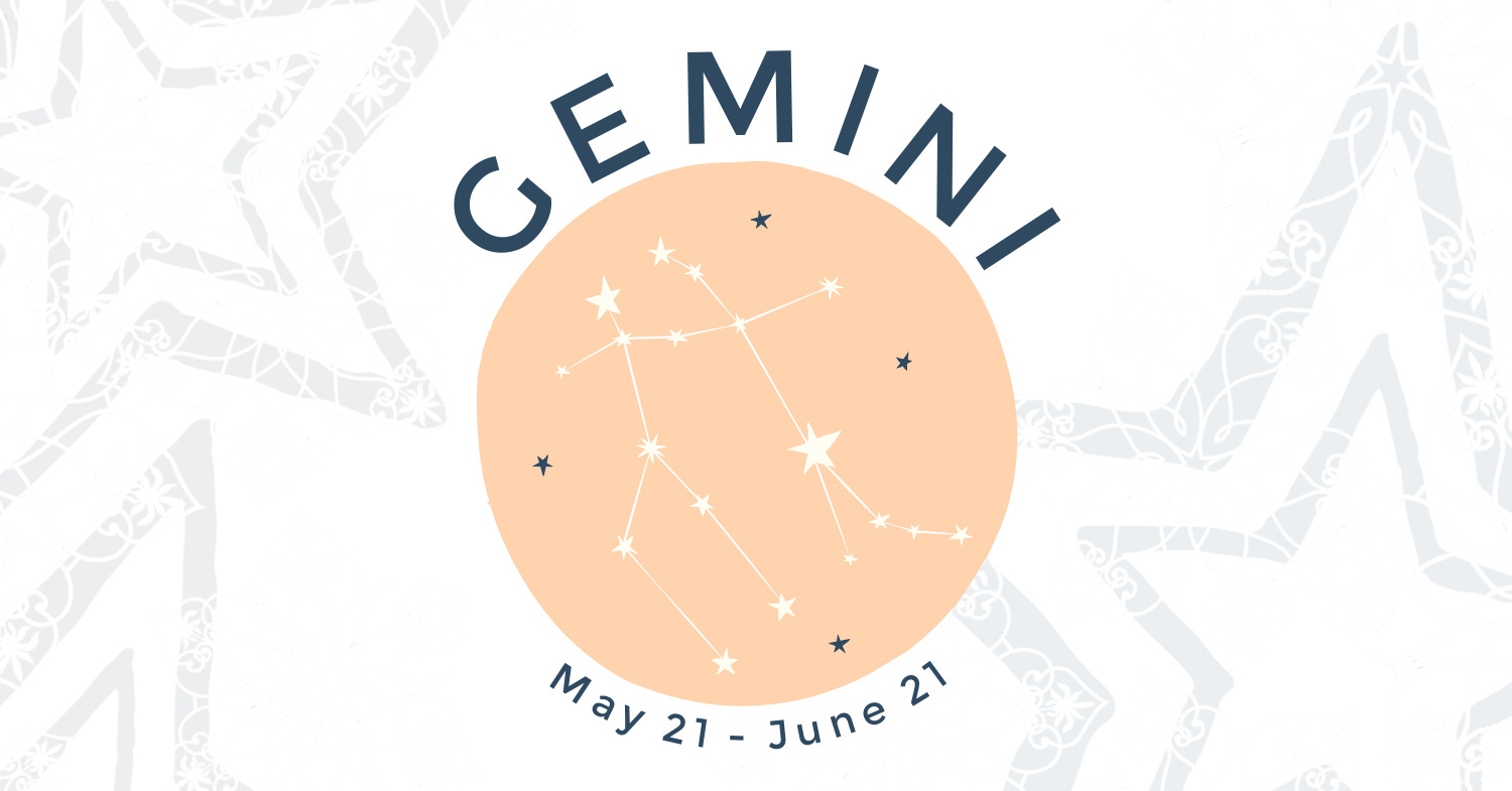 White background photo with dark blue text that reads GEMINI and May 21 to June 21- the dates of Gemini season. Faded blue decorative stars also appear in the background.