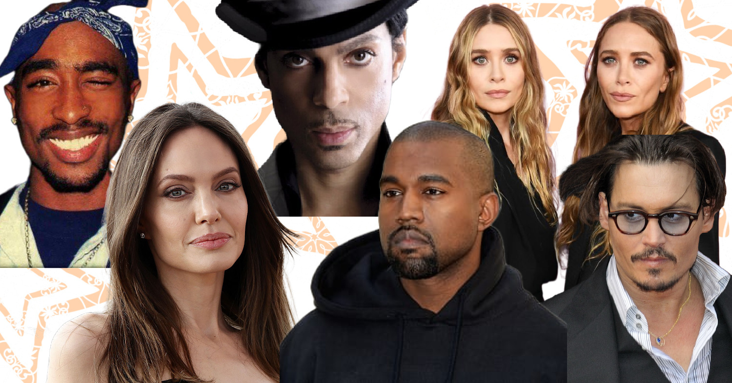 Collage photo of famous Gemini celebrities. Photos include Angelina Jolie, Kanye West, Johnny Depp, Mary-Kate and Ashley Olsen, Prince, and Tupac Shakur 