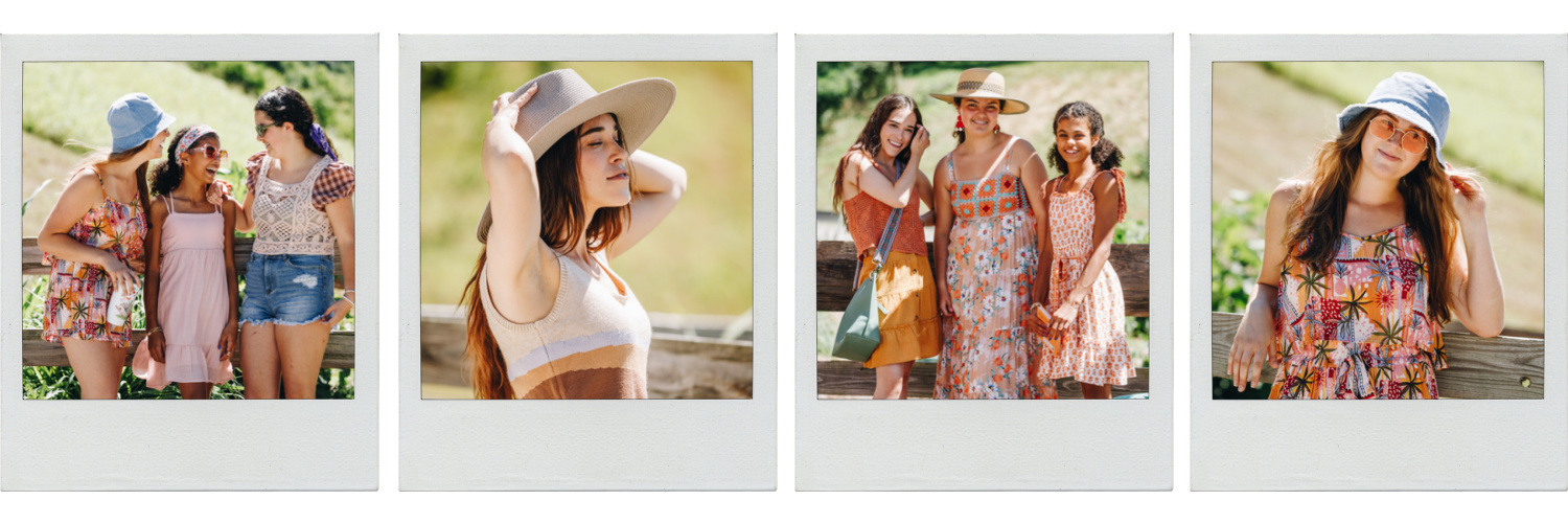 4 polaroid style images lay across a white background. The photos alternate between 3 people and one person. 