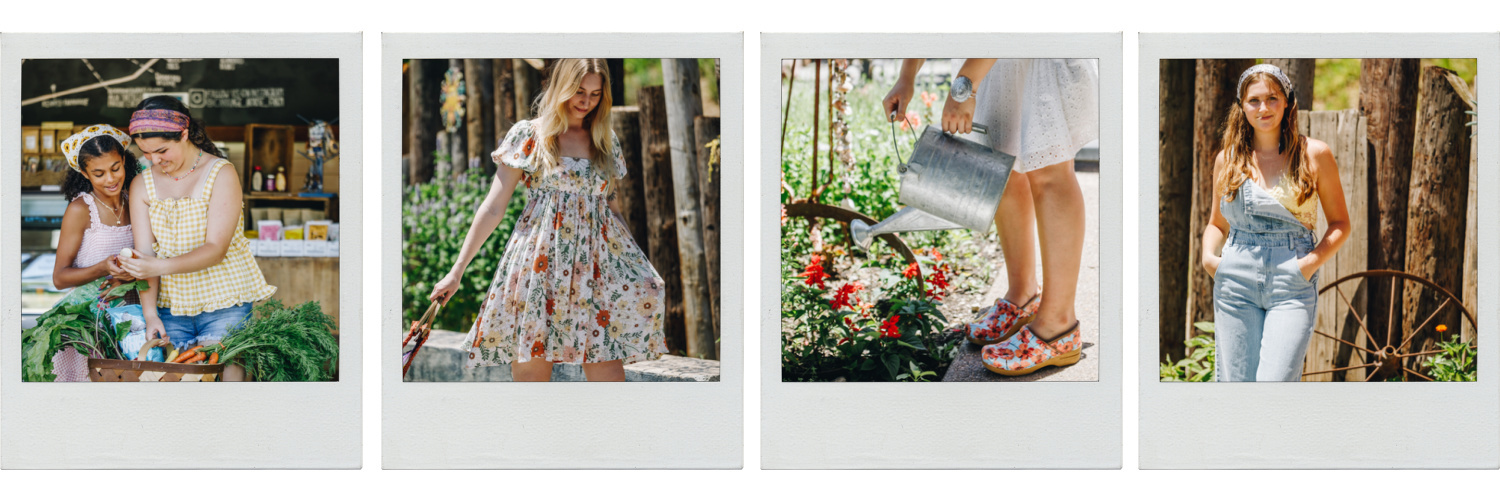 4 polaroid photos lined up horizontally. The first photo features two girls looking through a large basket filled with fresh vegetables, the second is a woman wearing a pink and orange floral dress, the third shows a hand holding a watering can up to a few bright flowers while wearing a pair of red poppy clog-style shoes, and the fourth shows a woman smiling while wearing a pair of denim overalls.