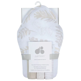 Just Born 4-Piece Hooded Towel & 3 Washcloths Set Neutral Leaves