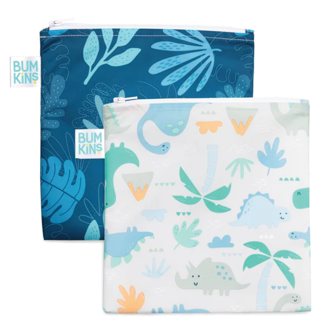 Bumkins Reusable Snack Bag 2pk Large - Dino/Blue Tropics