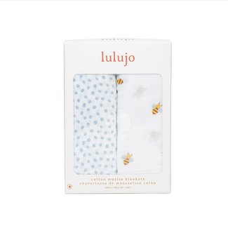 Lulujo Cotton Muslin Swaddle 2pk - Bees and Blue Dots