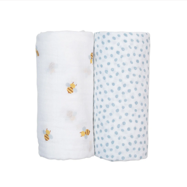 Lulujo Cotton Muslin Swaddle 2pk - Bees and Blue Dots
