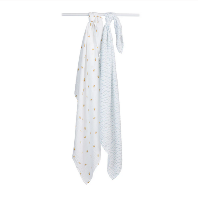 Lulujo Cotton Muslin Swaddle 2pk - Bees and Blue Dots