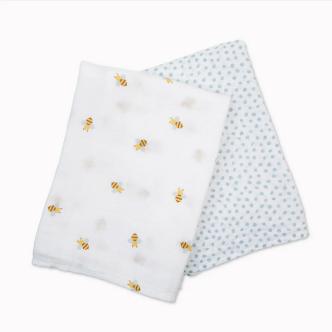 Lulujo Cotton Muslin Swaddle 2pk - Bees and Blue Dots
