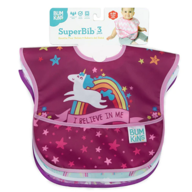 Bumkins Super Bib 3Pk - I Believe In Me - Unicorns & Rainbows