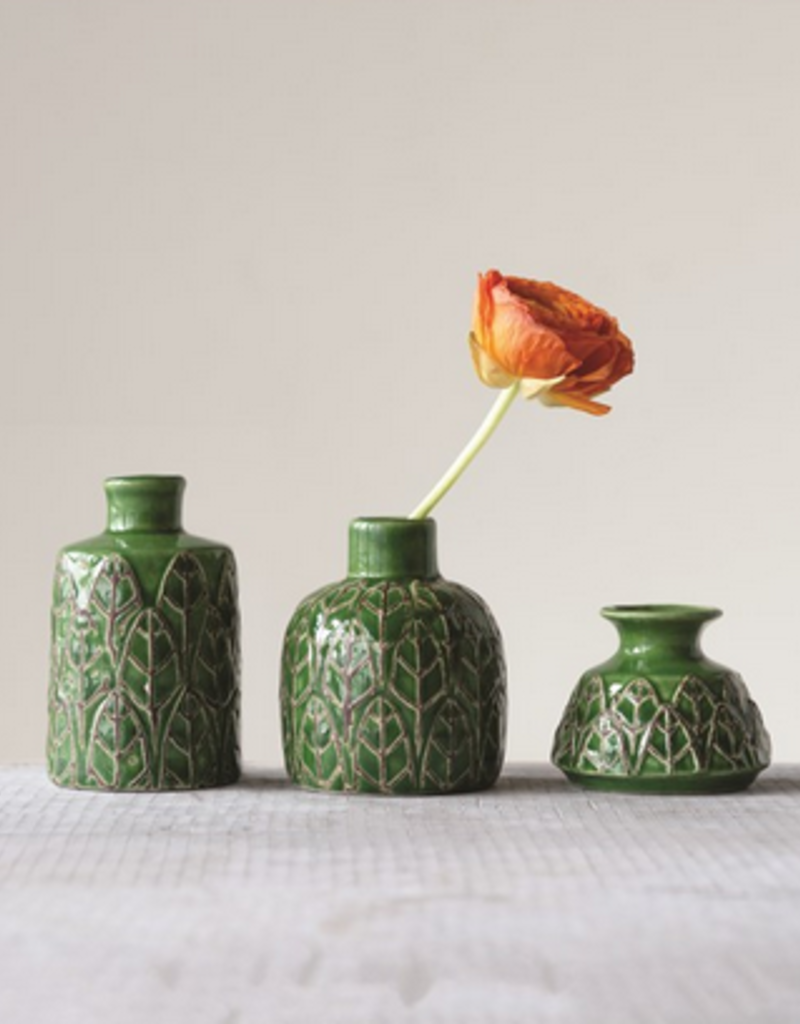 Creative Co-op Green Leaf Embossed Stoneware Vase