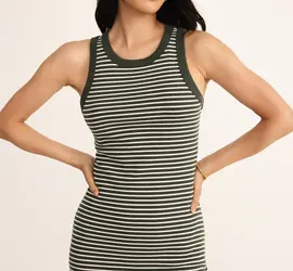 シーナ様お取引中／Volume Sleeve Stripe Dres RY/LI CANVAS SIDE BUTTON SHOULDER STRAP DRESS(XS Off White