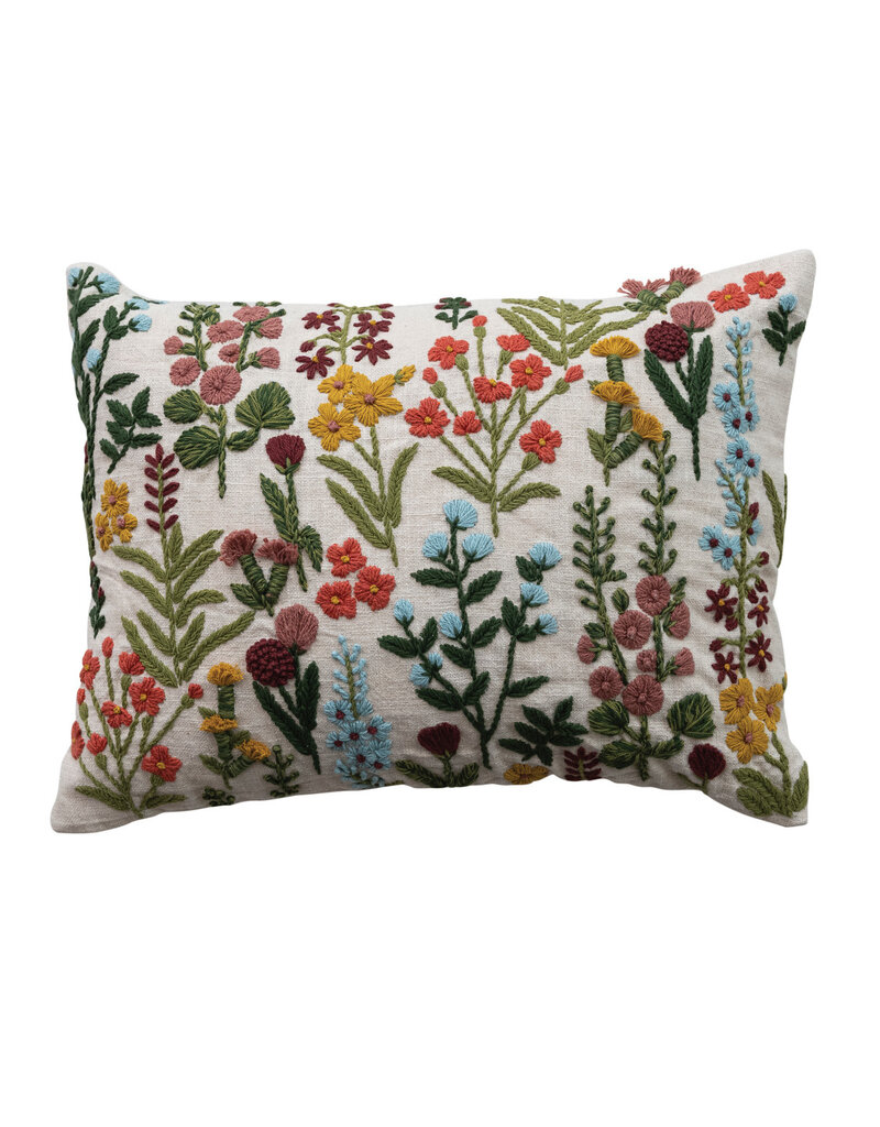 Creative Co-op Hand-Embroidered Flowers Pillow