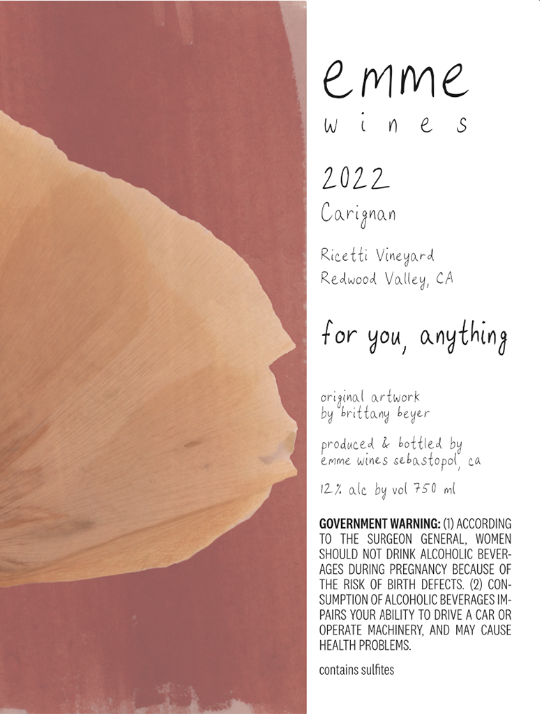 Emme Wines 2022 'Anything For You' Carignan, Ricetti Vineyard, Redwood Valley, California