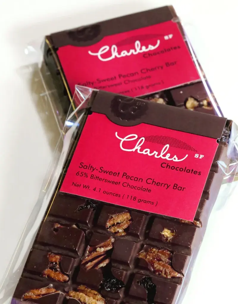 Charles Chocolates Salty Sweet Pecan Cherry, San Francisco, California - Single 3.7oz Bar