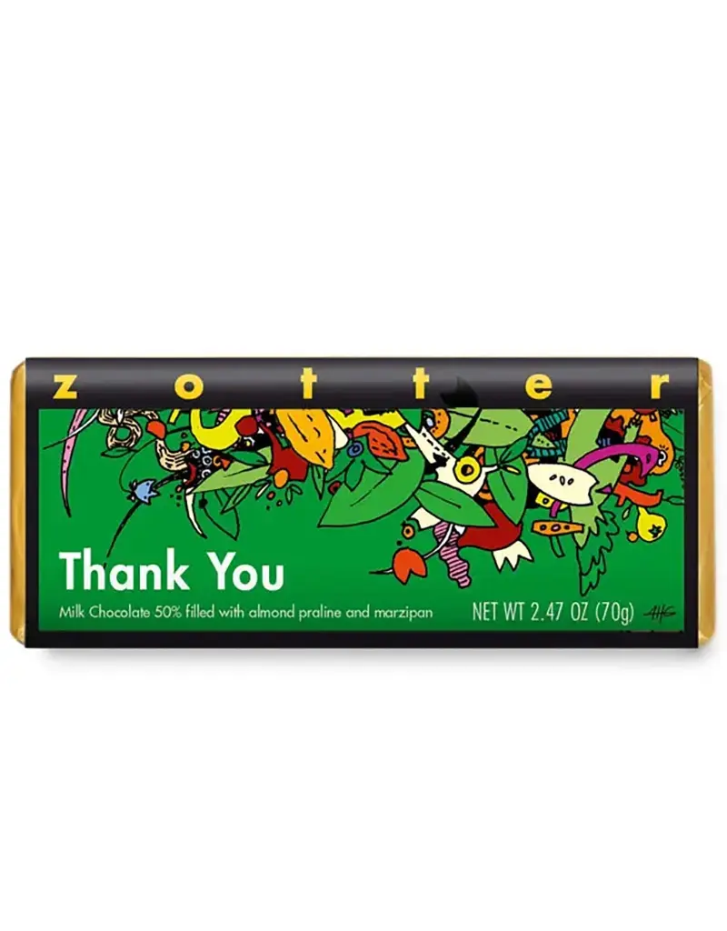 Zotter Thank You Chocolate Bar w/ Almond Praline 2.47 oz - Austria