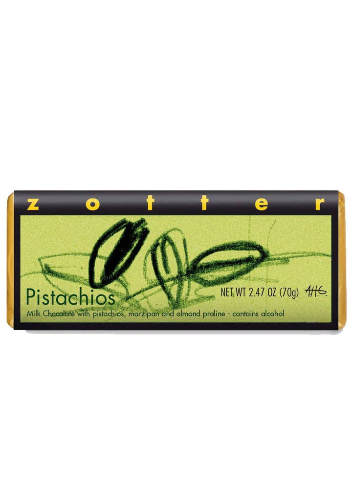 Zotter Pistachios Milk Chocolate Bar, Austria - 2.47oz Single Bar
