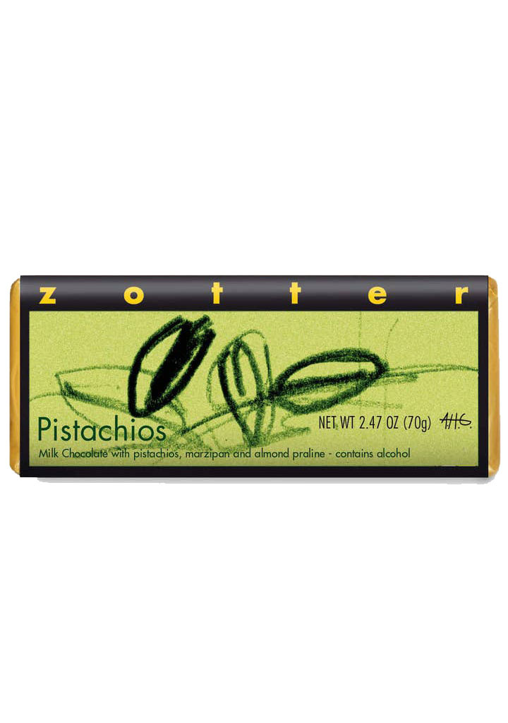Zotter Pistachios Milk Chocolate Bar, Austria - 2.47oz Single Bar