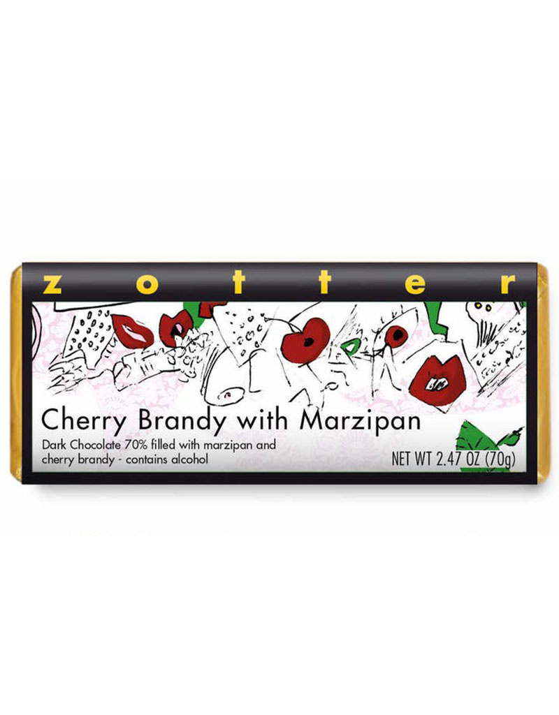 Zotter Cherry Brandy with Marzipan 70% Dark Chocolate Bar, Austria - 2.47oz Single Bar