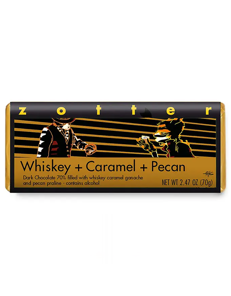 Zotter 70% Dark Chocolate Whiskey + Caramel + Pecan Bar, Austria - 2.47oz Single Bar