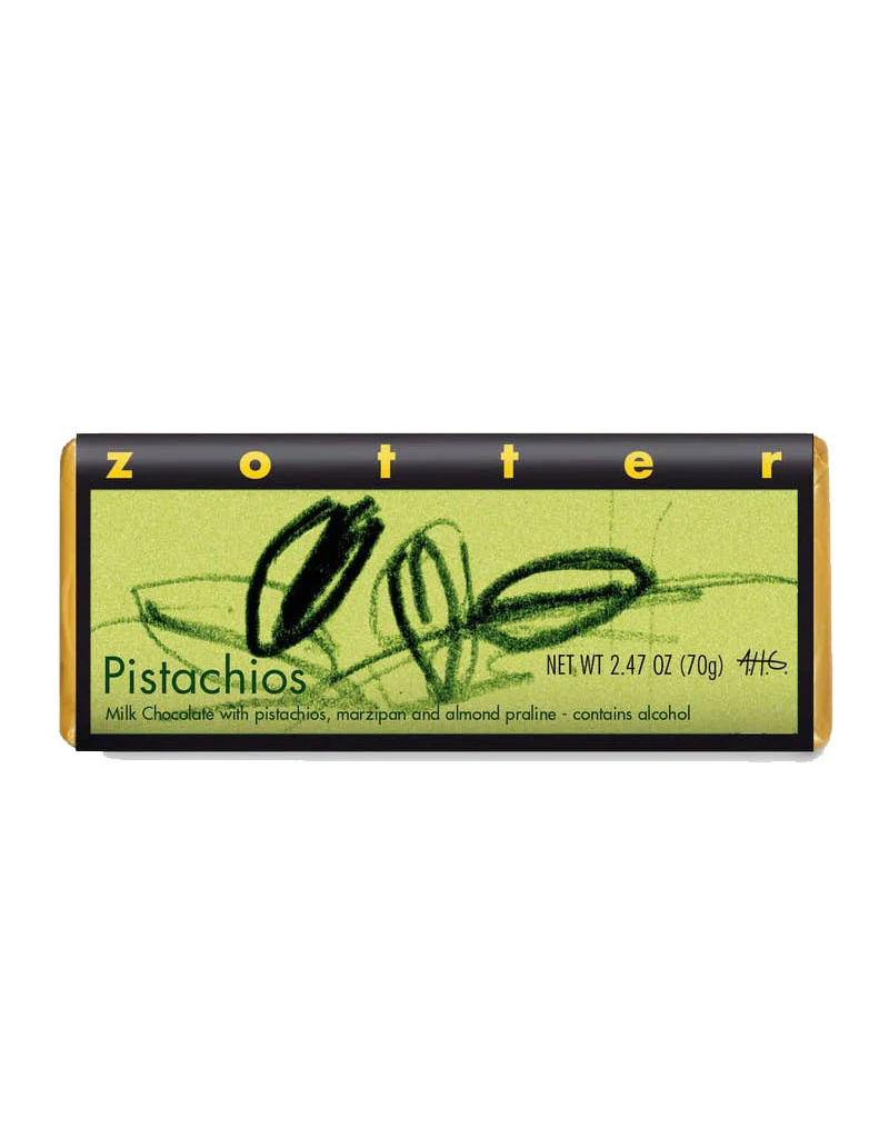 Zotter Pistachios Milk Chocolate Bar, Austria - 2.47oz Single Bar