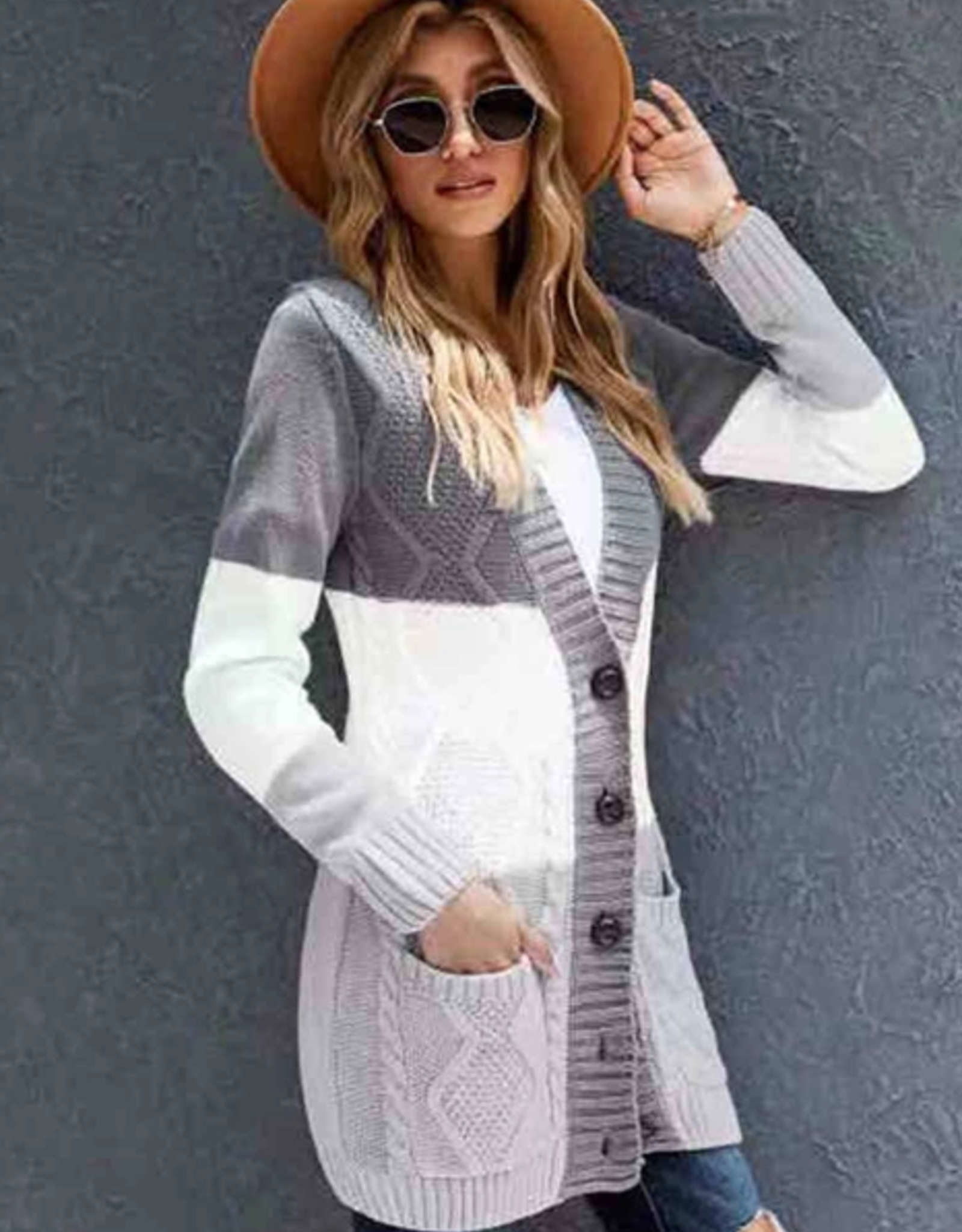 Cable Knit Color Block Button Cardigan - Grey & White