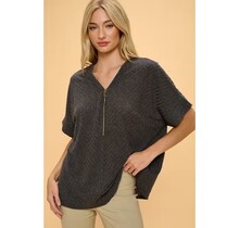 Mirabel Pully Zipper Dolman Sweater - Charcoal