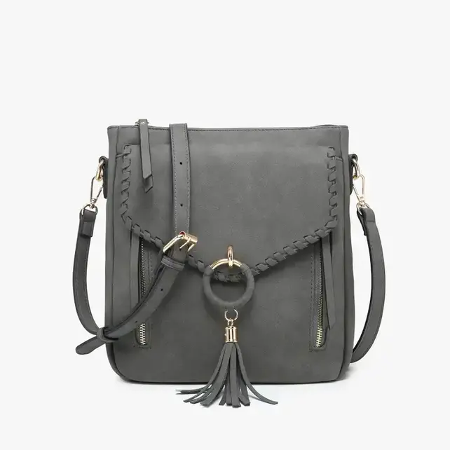 Layla Faux Suede Whipstitch Crossbody w/ Tassel