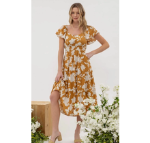 Sandy Floral Flounce Sleeve Tiered Midi Dress Caramel