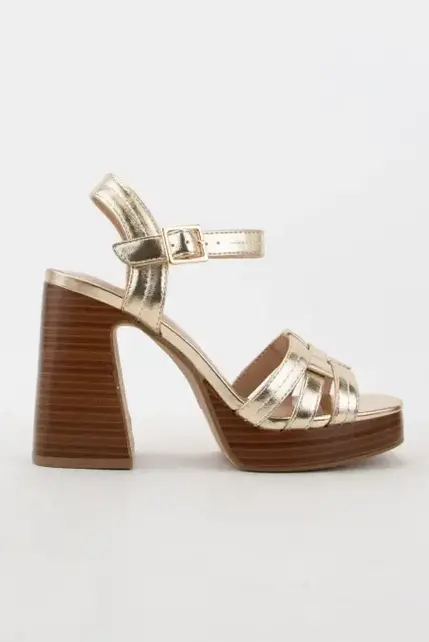 Janessa Woven Strap Block Heel Sandal - Gold Janessa Woven Strap Block Heel Sandal - Gold